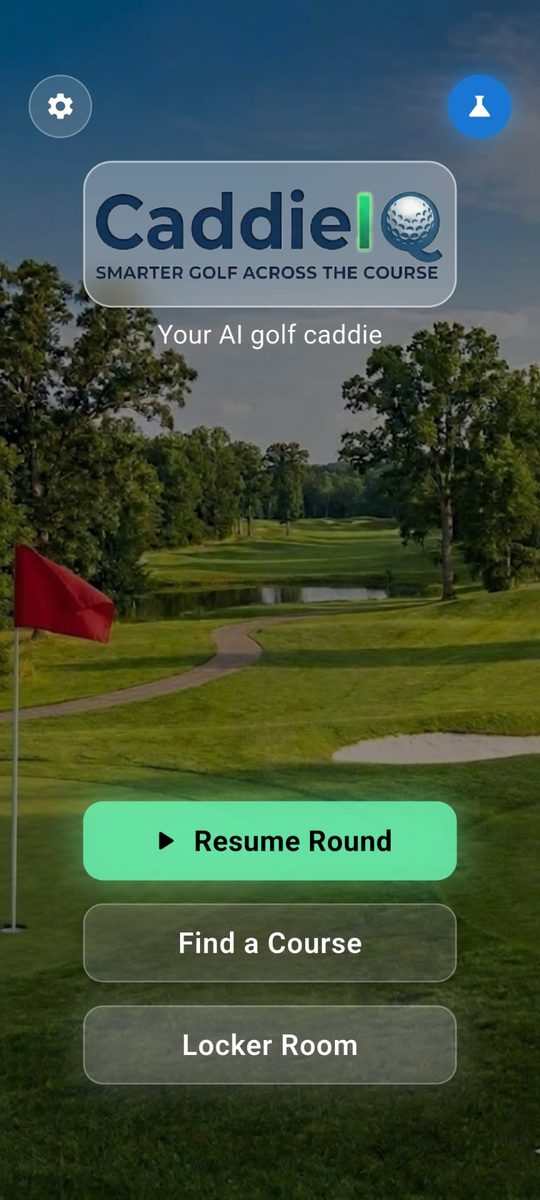 CaddieIQ in-round screen showing GPS yardages and Smart Caddie suggestions